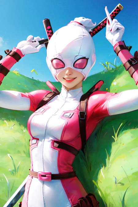 14074-1789479919-gwenpool, 1girl, solo, sword, weapon, weapon on back, smile, katana, bodysuit, upper body, artist name, mask, bubble.png